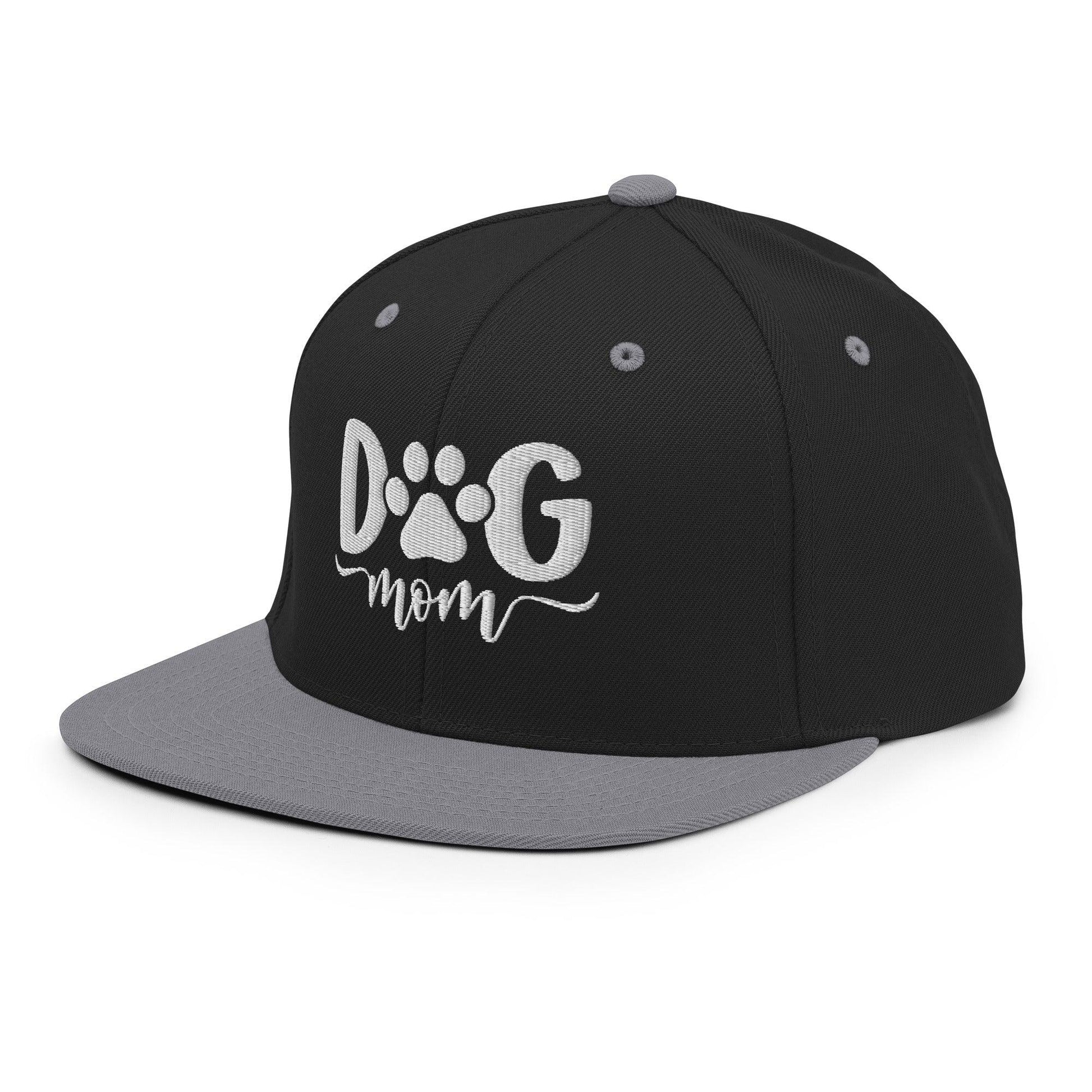 Black and gray dog mom embroidered flat bill brim snapback hat for dog lovers