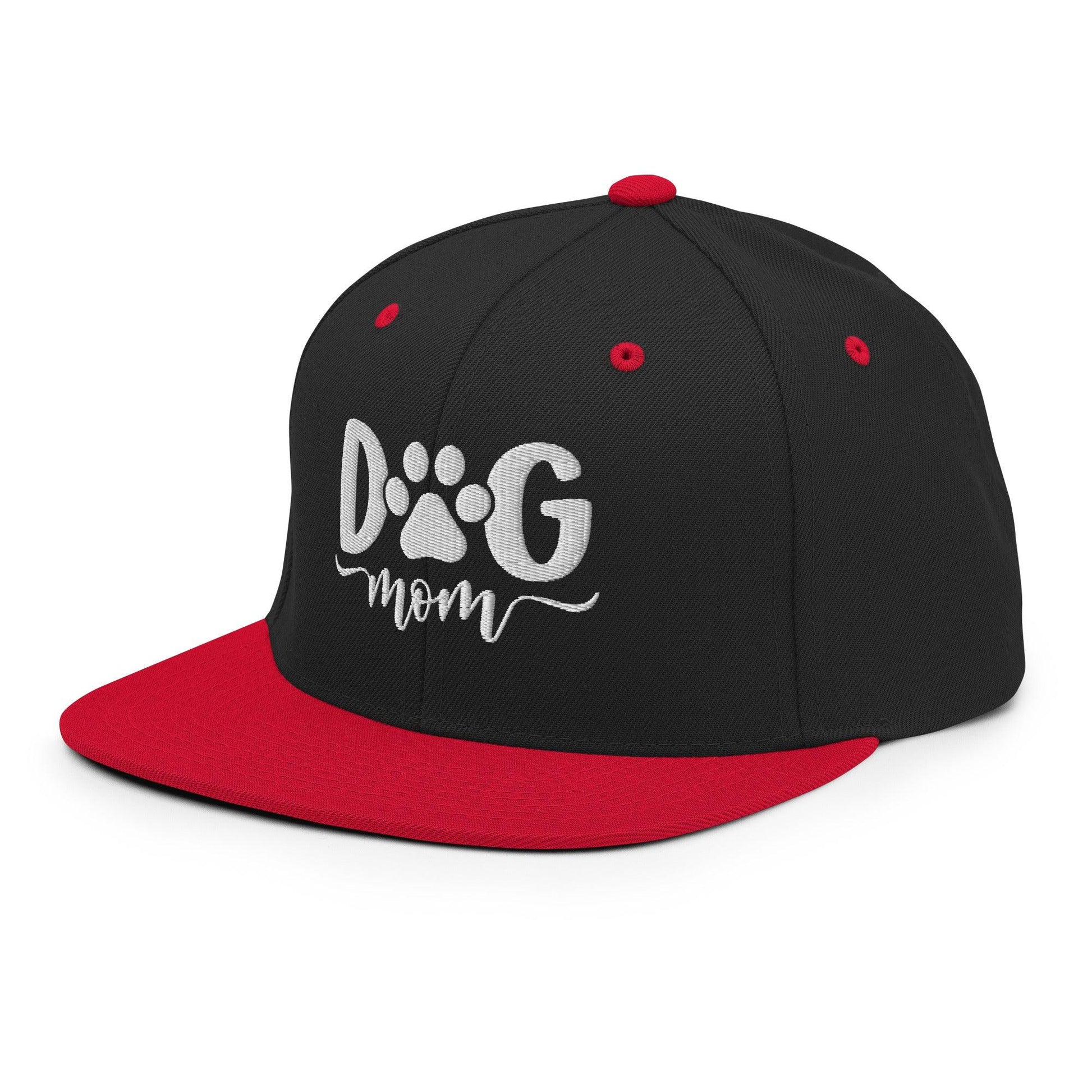 Black and red Dog Mom embroidered flat bill brim snapback hat for dog moms