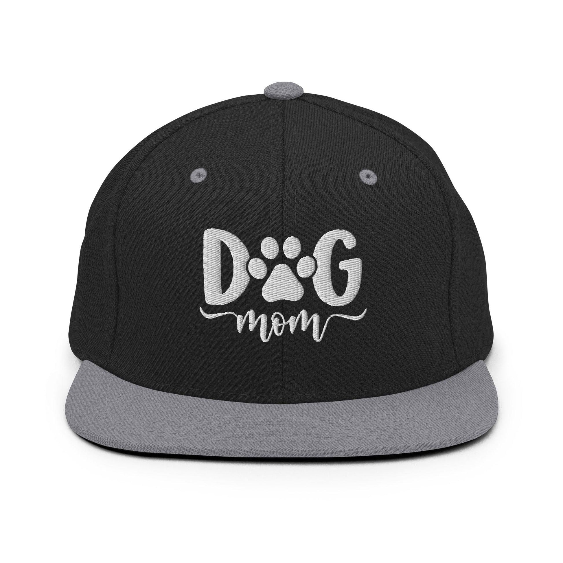 Black and gray dog mom embroidered flat bill snapback hat for dog lovers