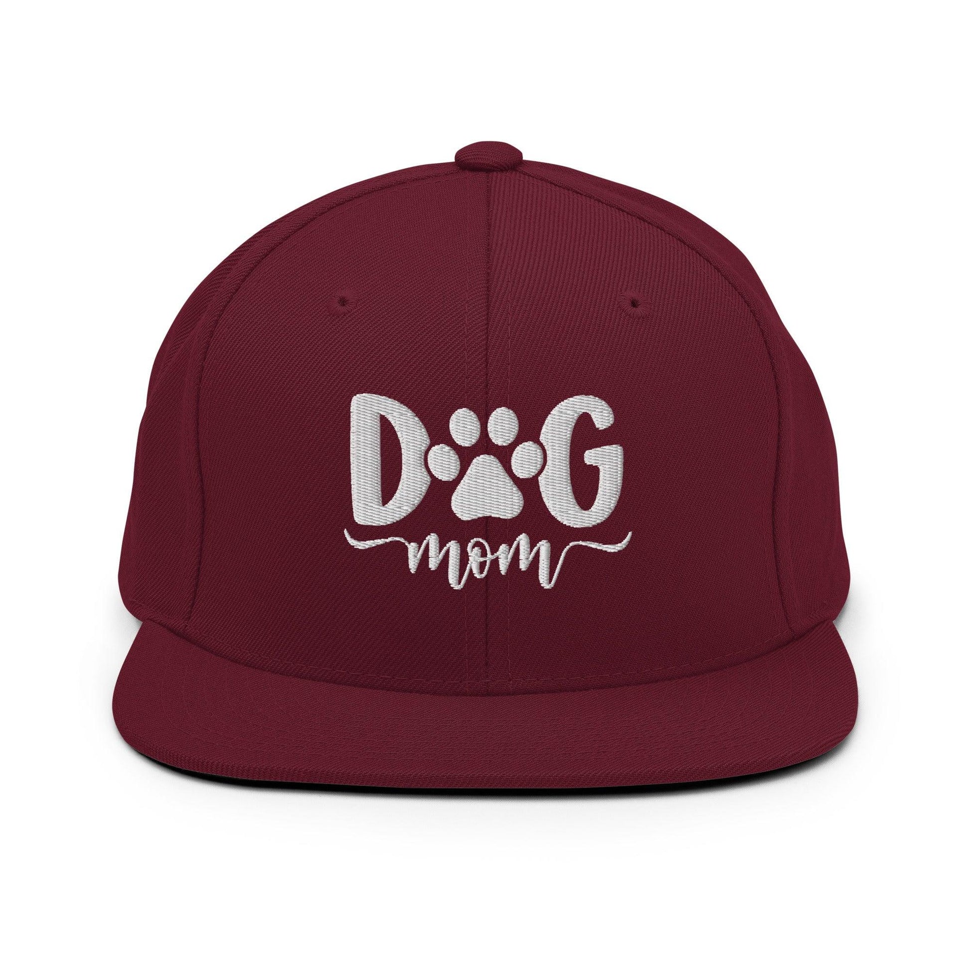 Dog Mom Embroidered Flat Bill Brim Snapback Hat - Maroon