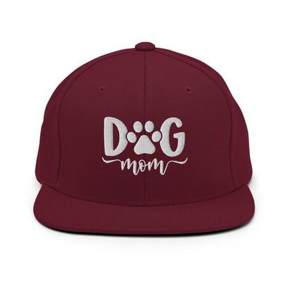 Dog Mom Embroidered Flat Bill Brim Snapback Hat - Maroon