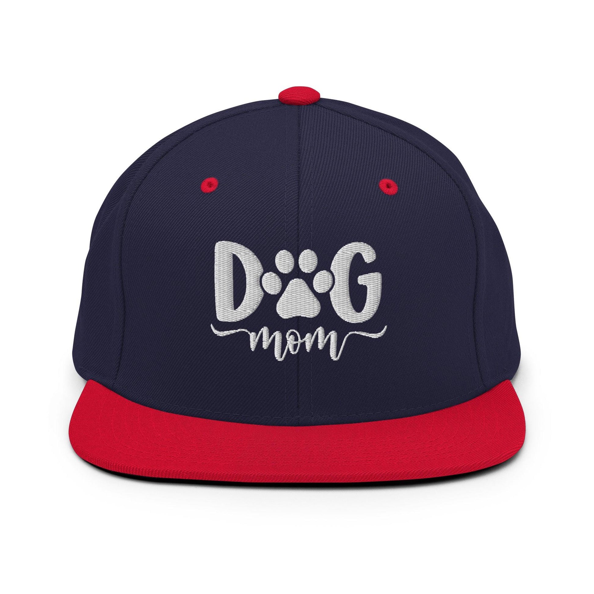 Dog Mom Embroidered Flat Bill Brim Snapback Hat - Navy/ Red