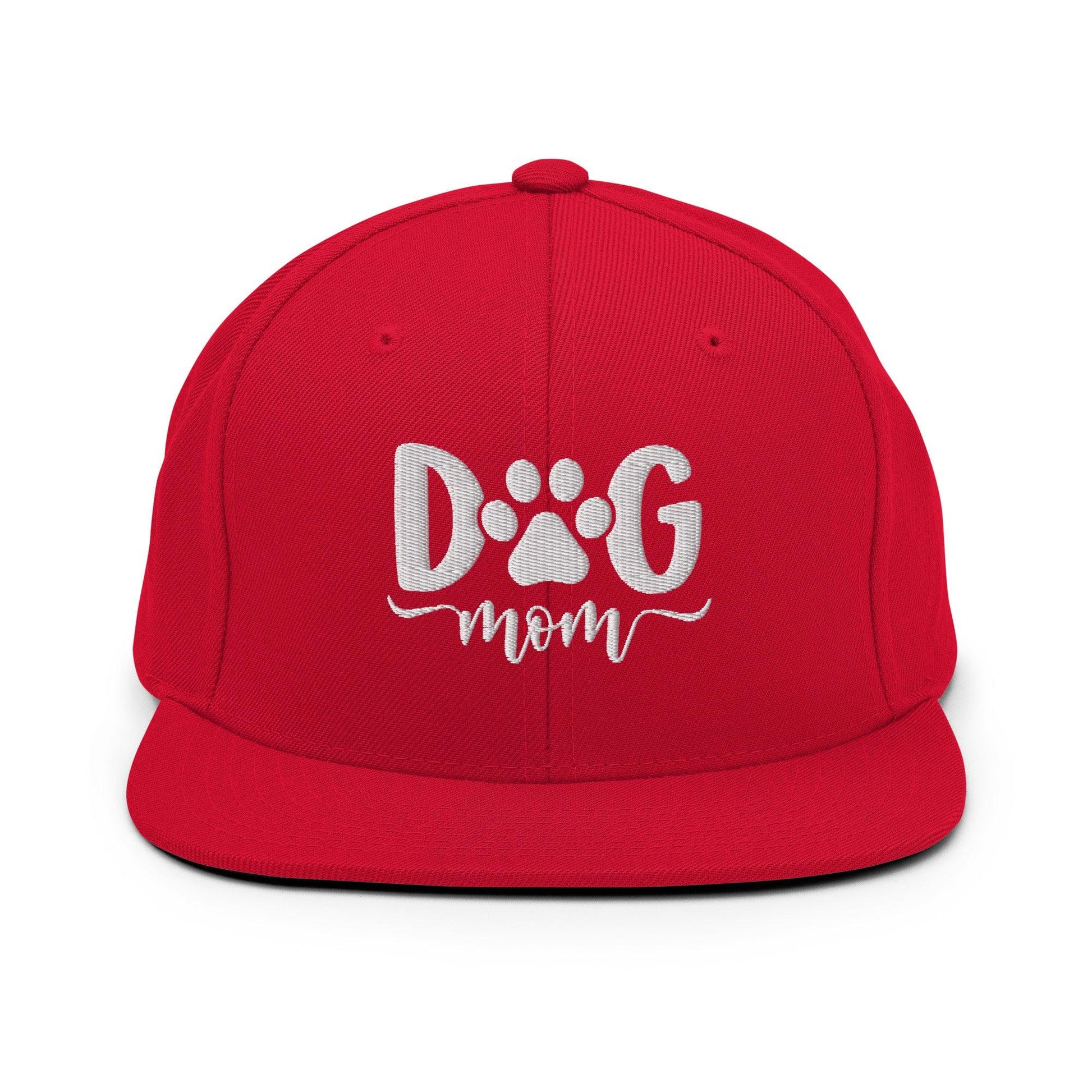 Dog Mom Embroidered Flat Bill Brim Snapback Hat - Red