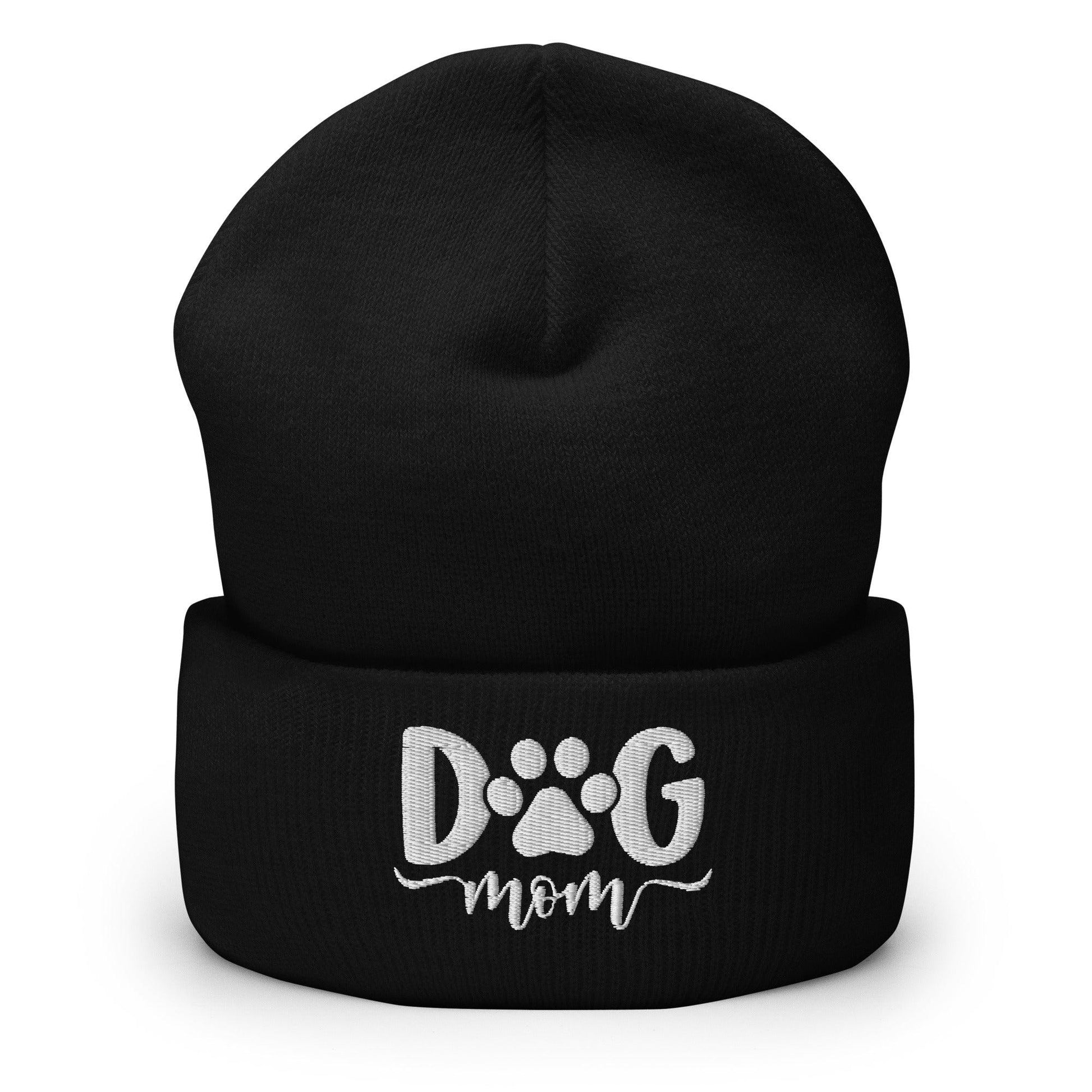 Dog Mom Embroidered Knit Cuffed Beanie - Black