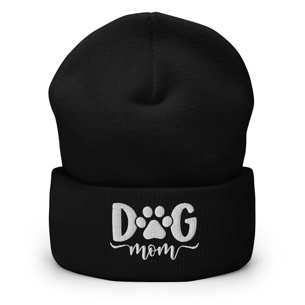 Dog Mom Embroidered Knit Cuffed Beanie - Black