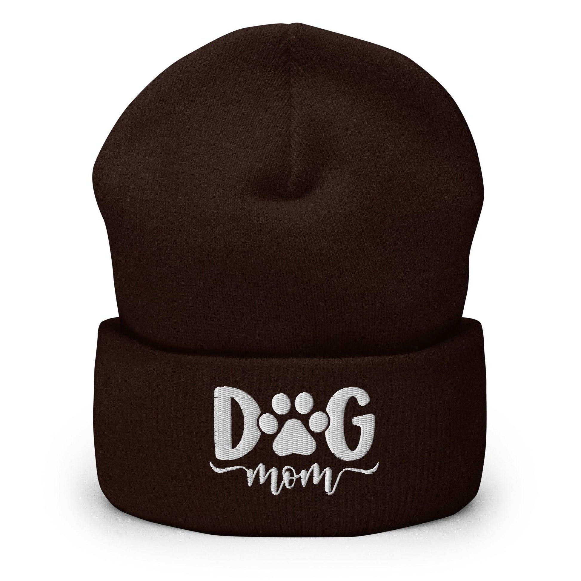 Dog Mom Embroidered Knit Cuffed Beanie - Brown