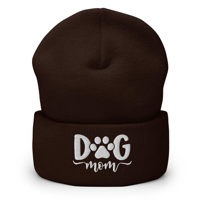 Dog Mom Embroidered Knit Cuffed Beanie - Brown