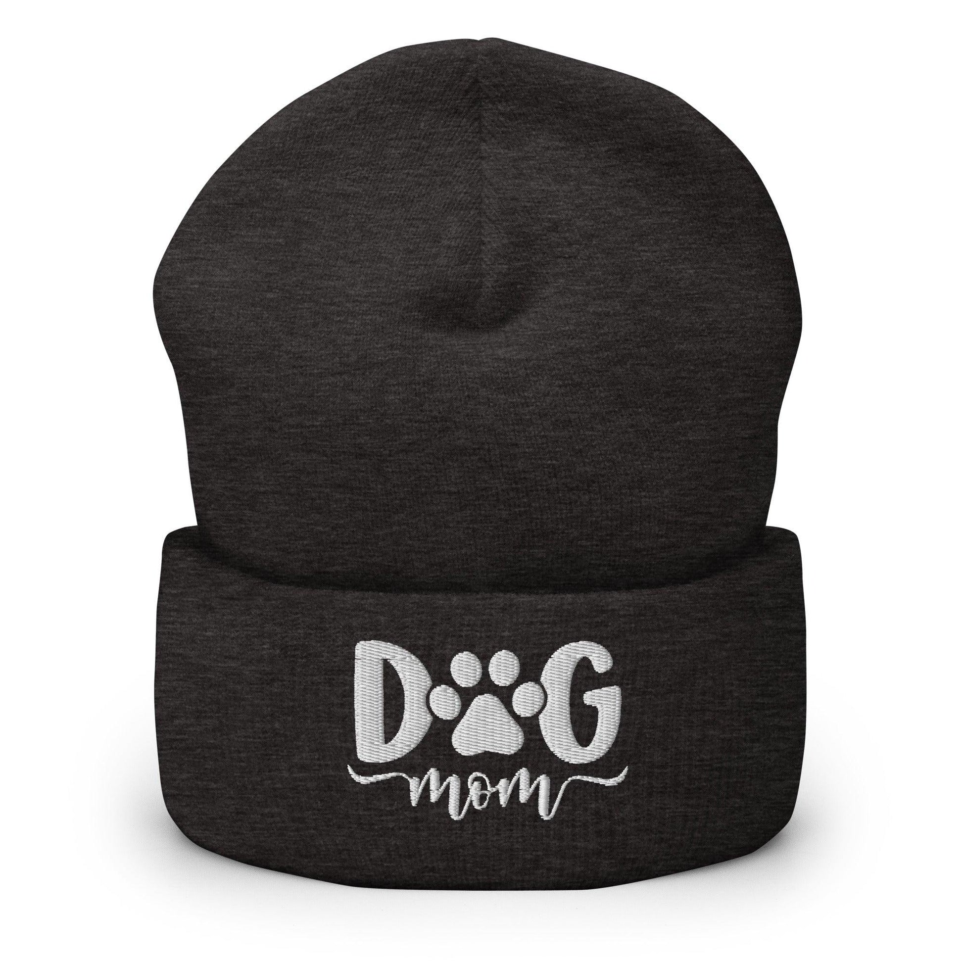 Dog Mom Embroidered Knit Cuffed Beanie - Dark Grey