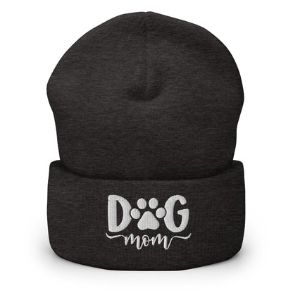 Dog Mom Embroidered Knit Cuffed Beanie - Dark Grey