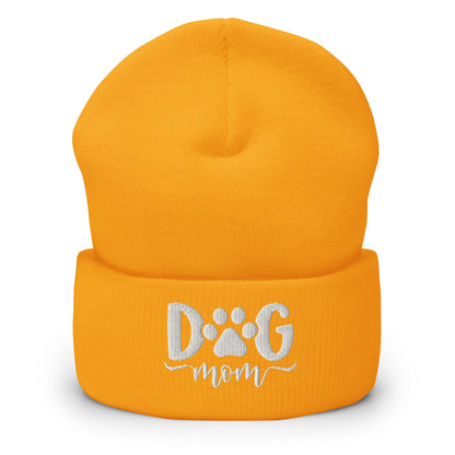 Dog Mom Embroidered Knit Cuffed Beanie - Gold