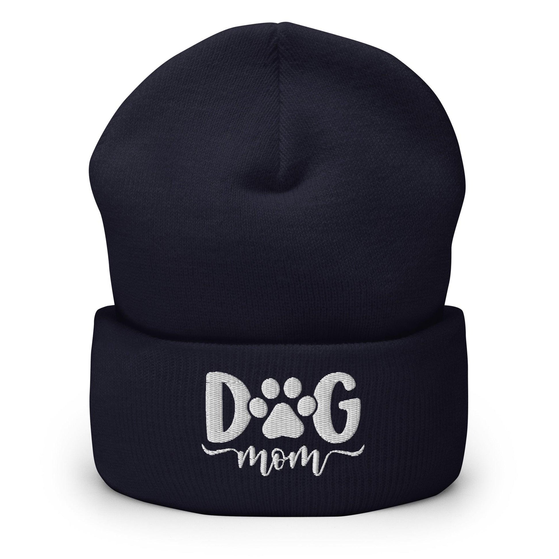 Dog Mom Embroidered Knit Cuffed Beanie - Navy