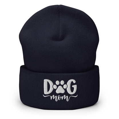 Dog Mom Embroidered Knit Cuffed Beanie - Navy