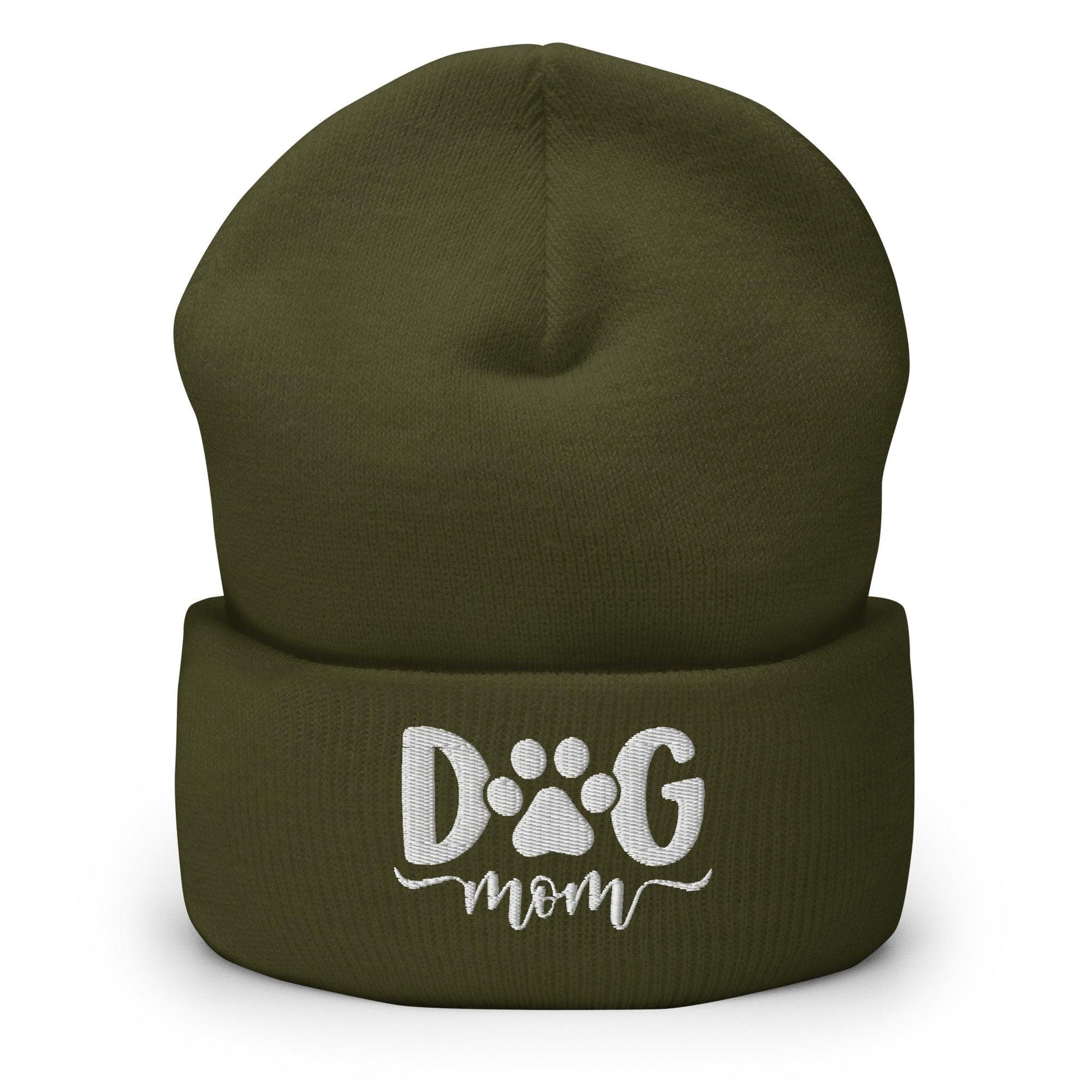 Dog Mom Embroidered Knit Cuffed Beanie - Olive