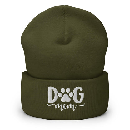 Dog Mom Embroidered Knit Cuffed Beanie - Olive