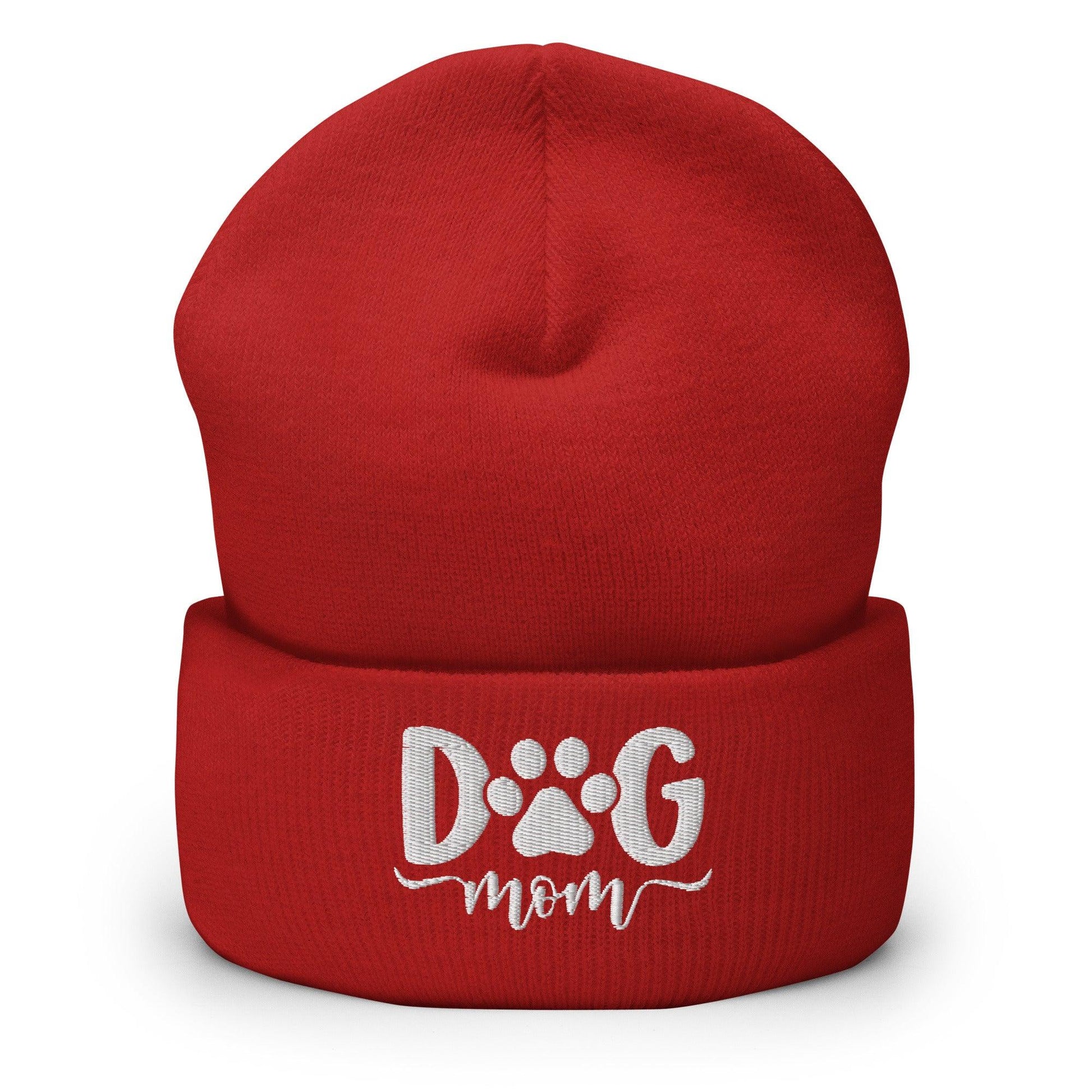Dog Mom Embroidered Knit Cuffed Beanie - Red