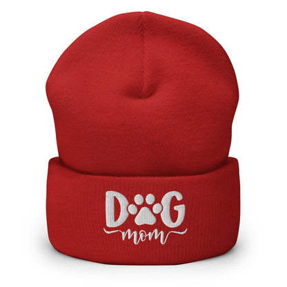 Dog Mom Embroidered Knit Cuffed Beanie - Red