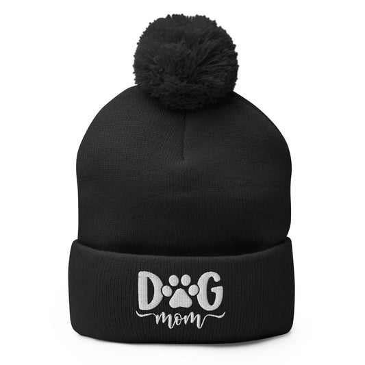 Dog Mom Embroidered Knit Pom Beanie - Black