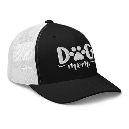 Black and white Dog Mom embroidered mesh trucker hat for dog lovers