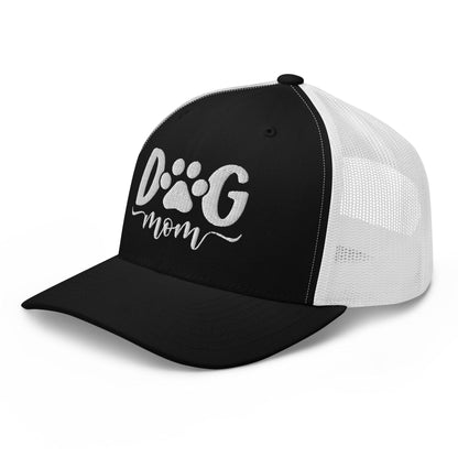 Black and white Dog Mom embroidered mesh trucker hat for dog lovers