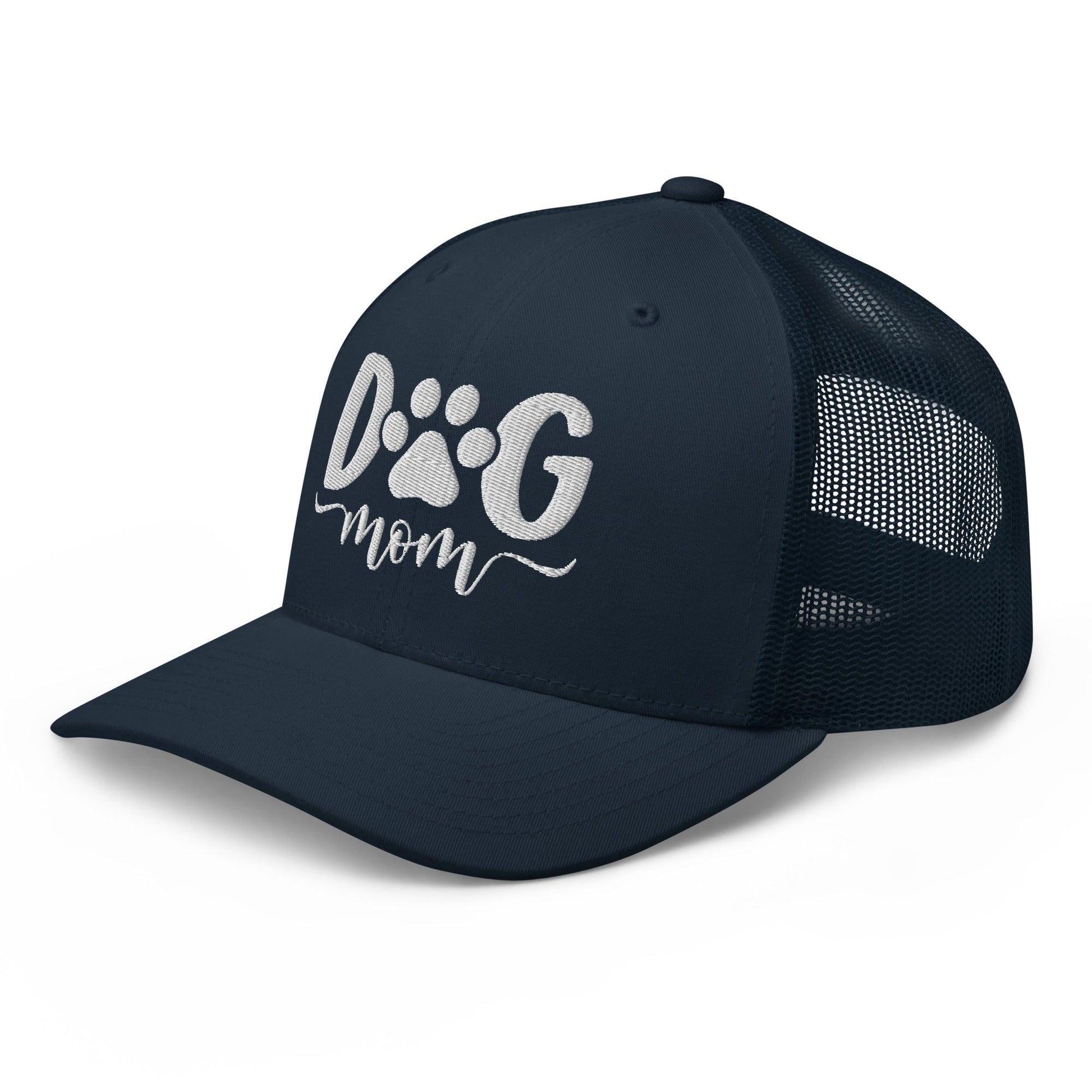 Navy blue dog mom embroidered mesh trucker hat with stylish design