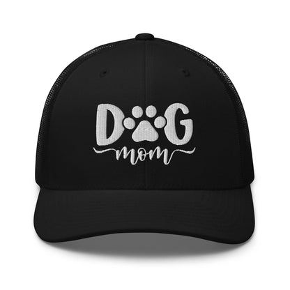 Black trucker hat with dog mom embroidered mesh design, perfect for dog lovers
