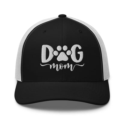Black and white Dog Mom embroidered mesh trucker hat for dog lovers