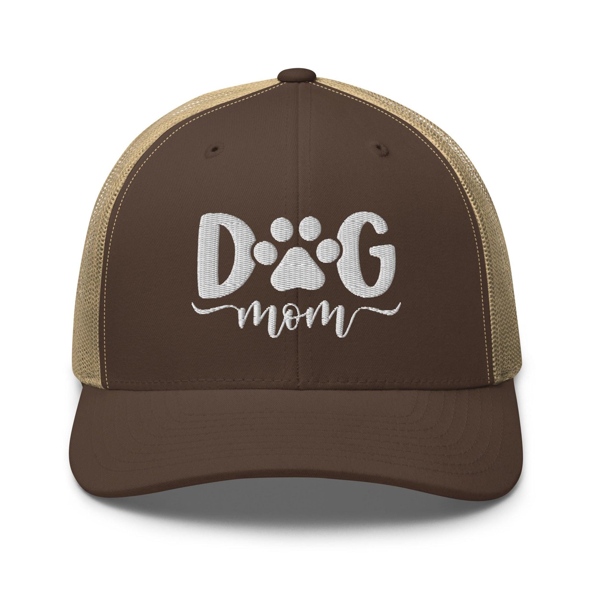 Dog Mom Embroidered Mesh Trucker Hat - Brown/ Khaki