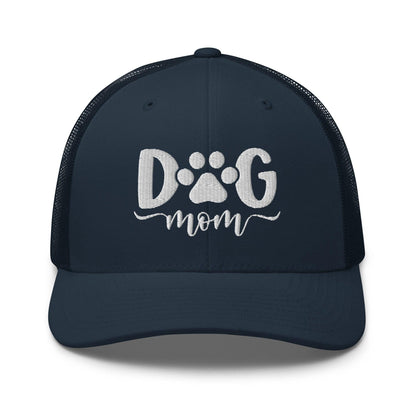 Navy blue Dog Mom embroidered mesh trucker hat for dog lovers and pet moms