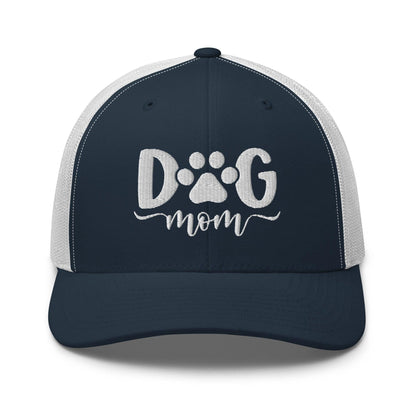 Dog Mom Embroidered Mesh Trucker Hat - Navy/ White
