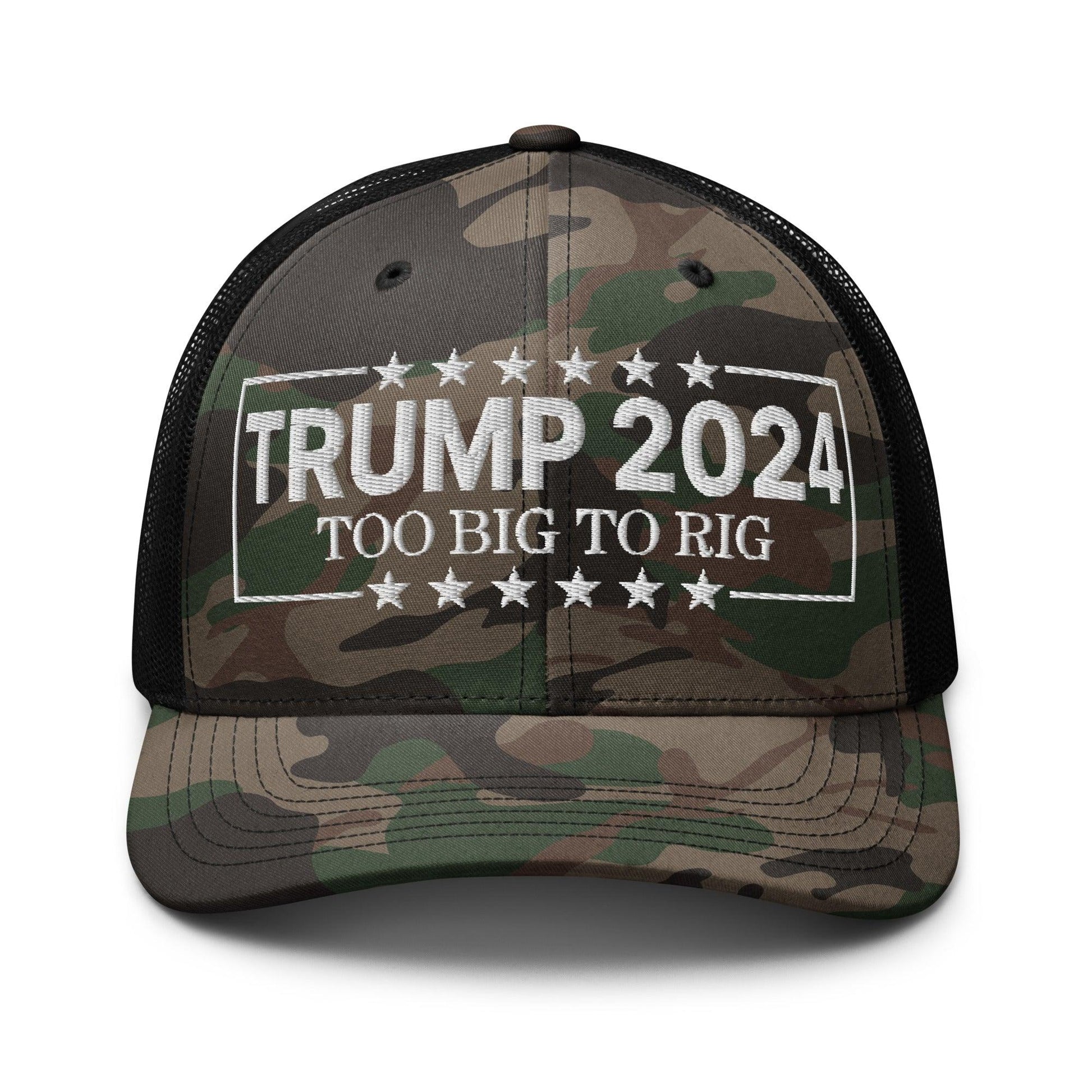 Donald Trump 2024 Too Big to Rig Camo Trucker Hat - Camo/Black - Headwear