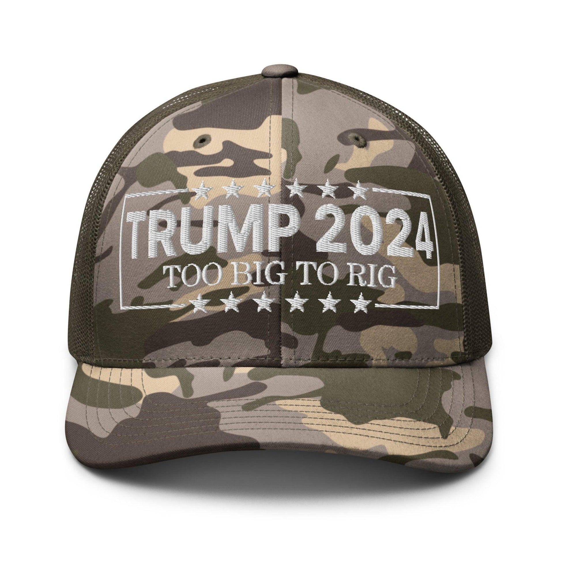 Donald Trump 2024 Too Big to Rig Camo Trucker Hat - Camo/Olive - Headwear