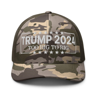 Donald Trump 2024 Too Big to Rig Camo Trucker Hat - Camo/Olive - Headwear