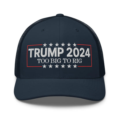 Donald Trump 2024 Too Big to Rig Retro Trucker Hat - Navy - Headwear