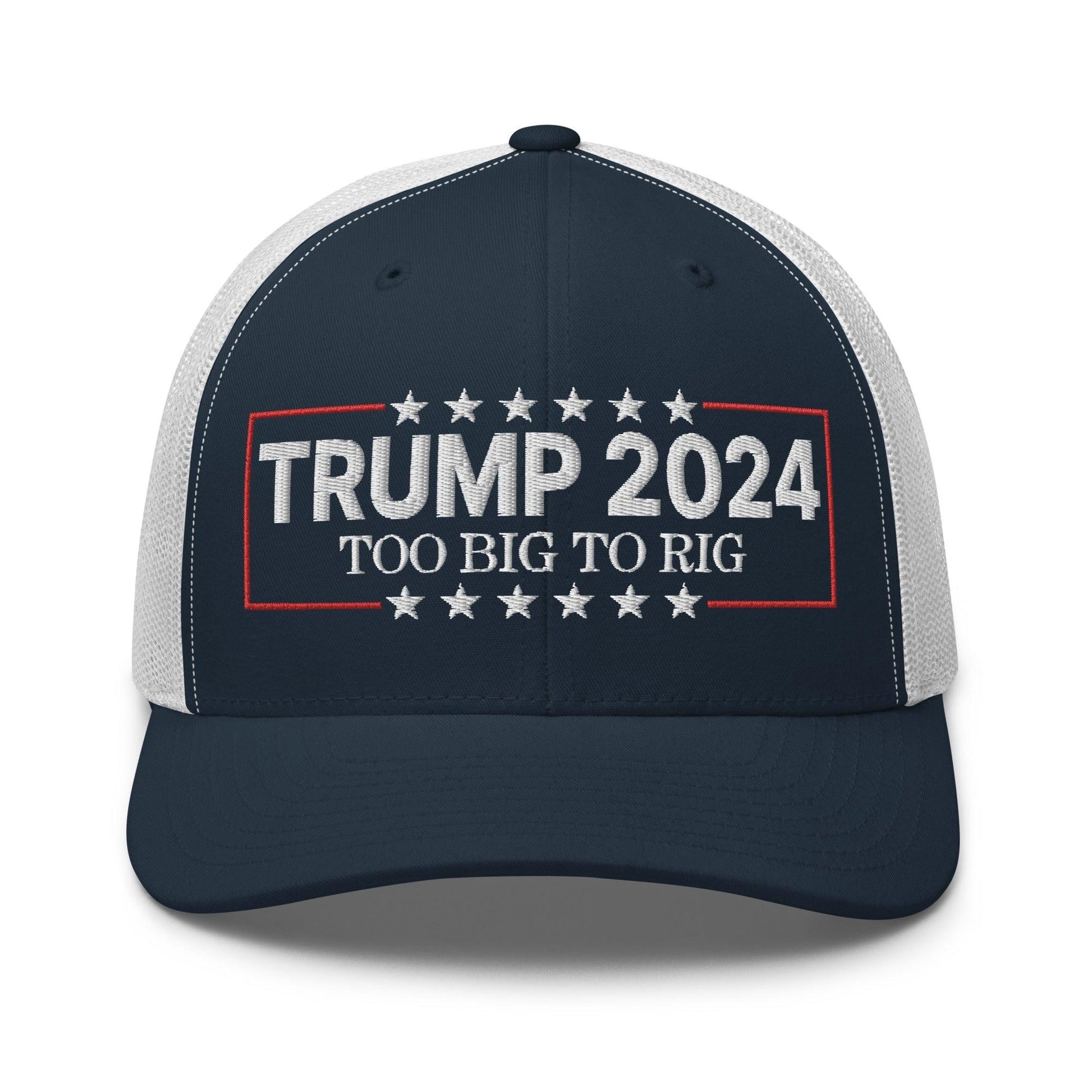 Donald Trump 2024 Too Big to Rig Retro Trucker Hat - Navy/ White - Headwear