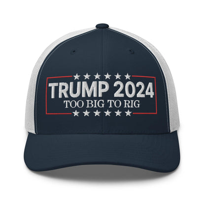 Donald Trump 2024 Too Big to Rig Retro Trucker Hat - Navy/ White - Headwear