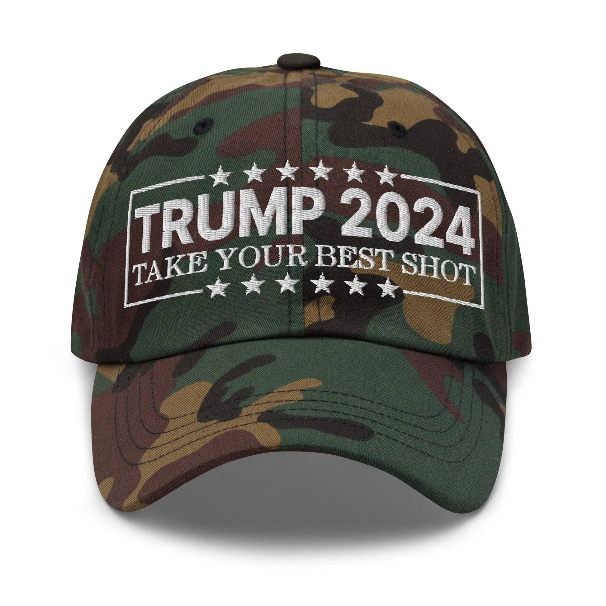 Donald Trump 2024 Take Your Best Shot Dad Hat - Green Camo - Headwear