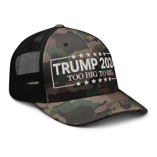 Donald Trump 2024 Too Big to Rig Camo Trucker Hat