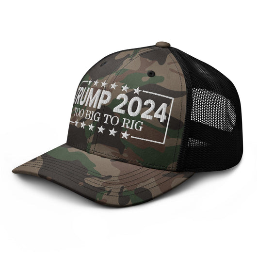 Donald Trump 2024 Too Big to Rig Camo Trucker Hat