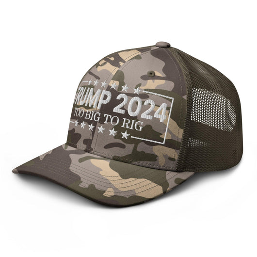 Donald Trump 2024 Too Big to Rig Camo Trucker Hat