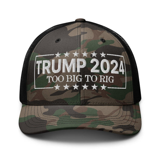 Donald Trump 2024 Too Big to Rig Camo Trucker Hat - Camo/Black