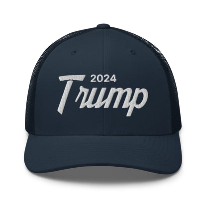Donald Trump 2024 Vintage Sports Script Retro Trucker Hat - Navy - Headwear