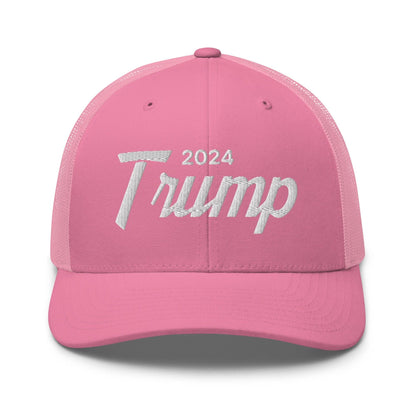 Donald Trump 2024 Vintage Sports Script Retro Trucker Hat - Pink - Headwear