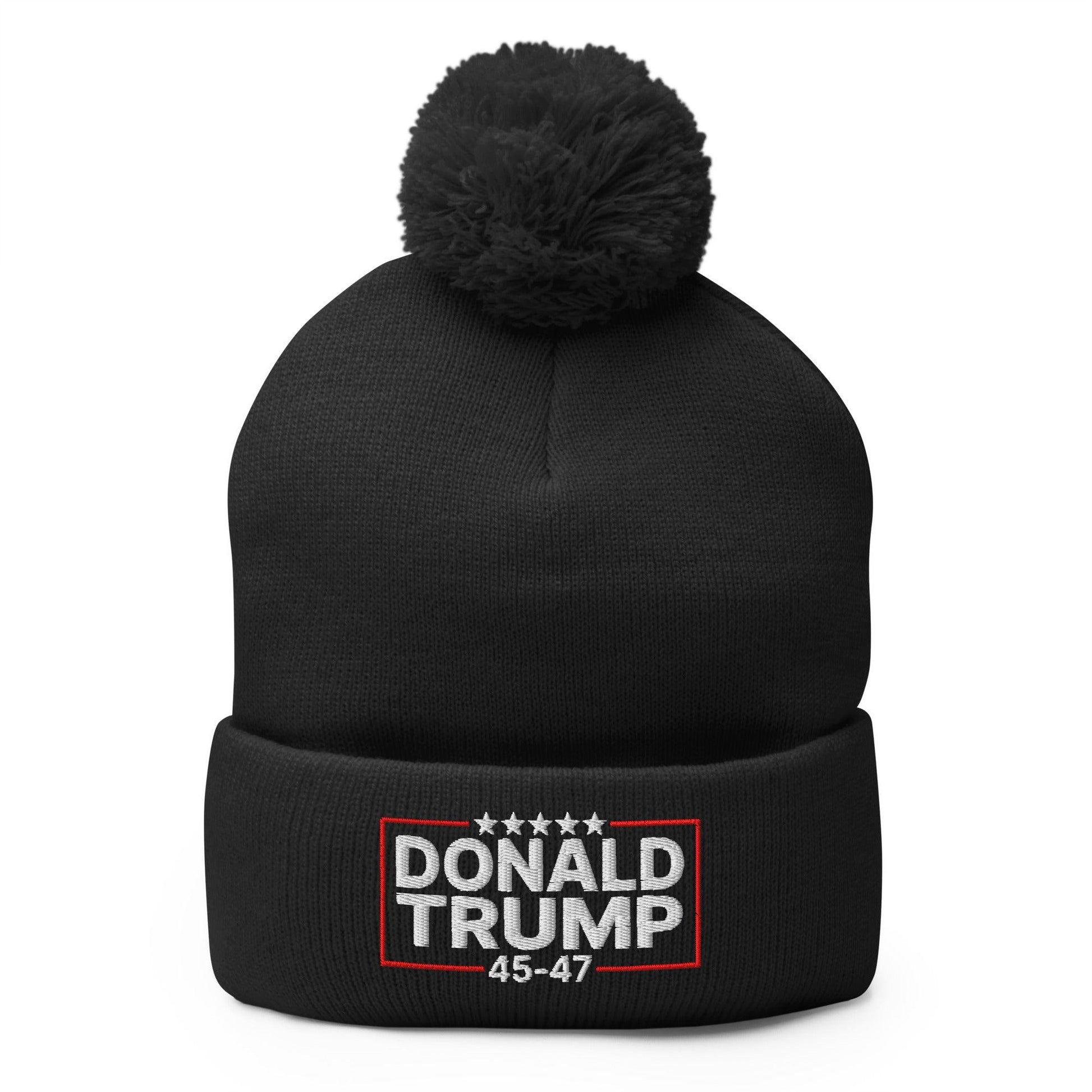 Donald Trump 45-47 Embroidered Knit Pom Beanie - Black