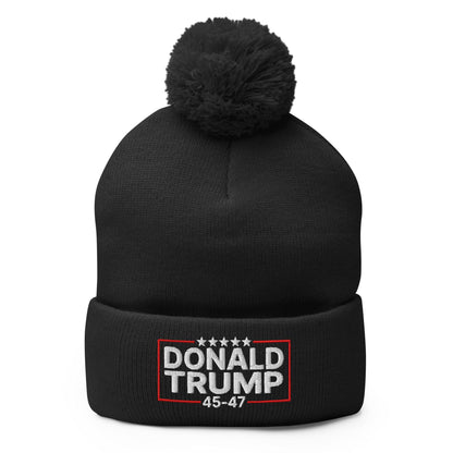 Donald Trump 45-47 Embroidered Knit Pom Beanie - Black