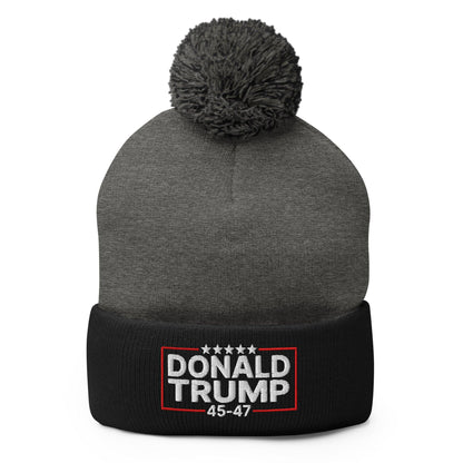 Donald Trump 45-47 Embroidered Knit Pom Beanie - Dark Heather Grey/ Black