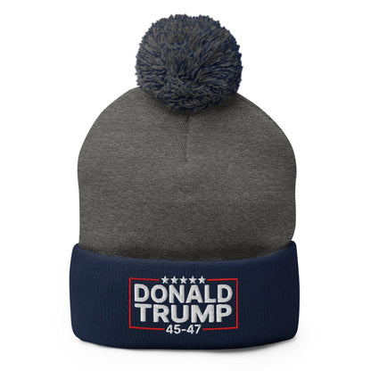 Donald Trump 45-47 Embroidered Knit Pom Beanie - Dark Heather Grey/ Navy