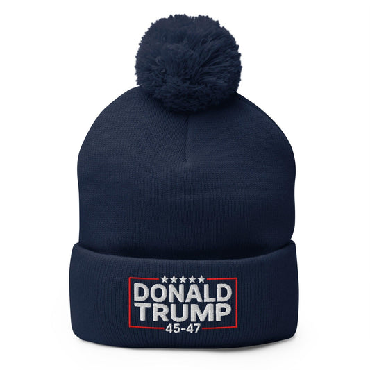 Donald Trump 45-47 Embroidered Knit Pom Beanie - Navy