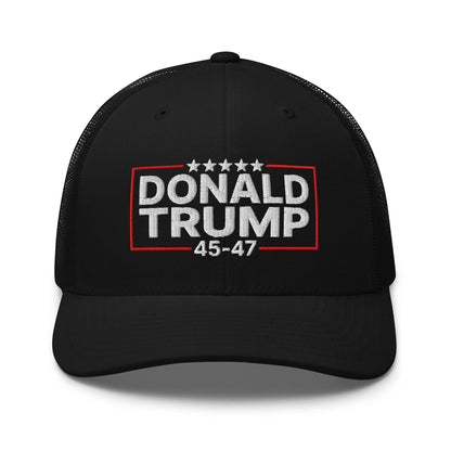 Donald Trump 45-47 Embroidered Mesh Trucker Hat - Black