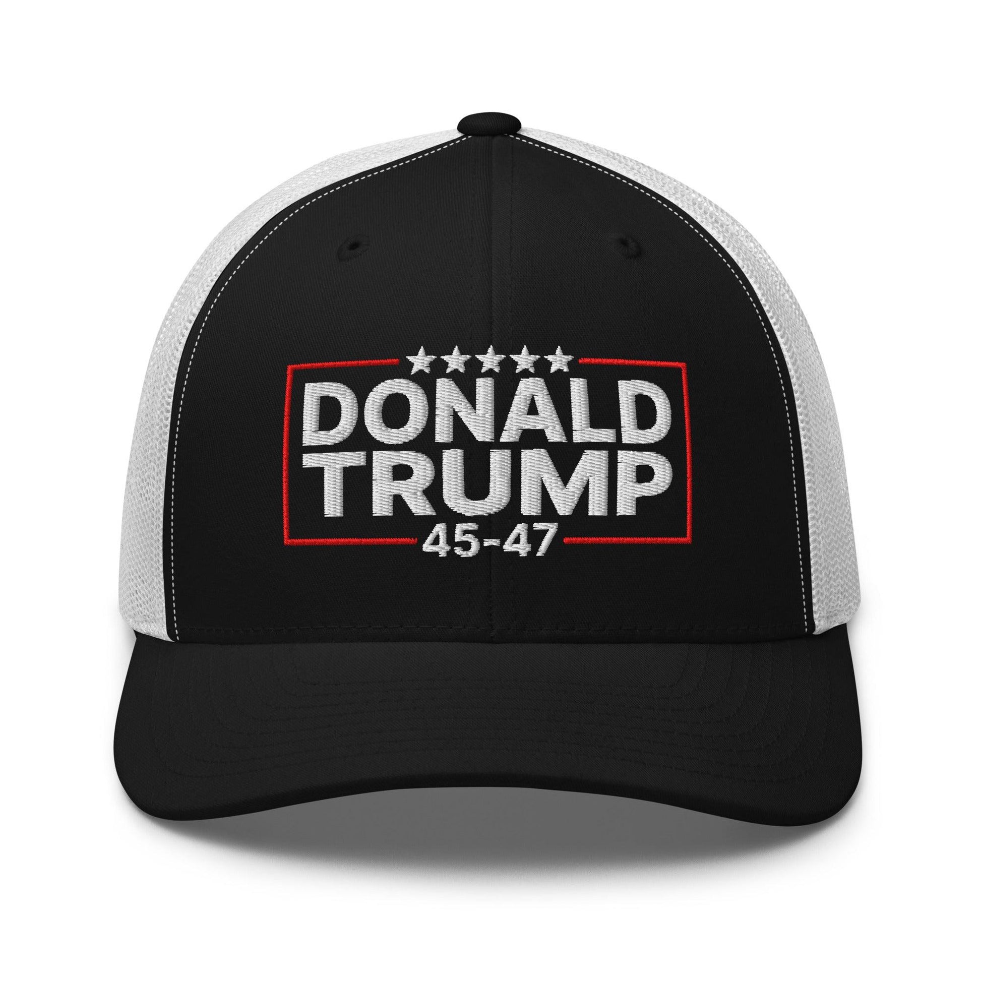 Donald Trump 45-47 Embroidered Mesh Trucker Hat - Black/ White