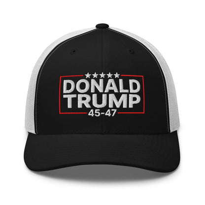 Donald Trump 45-47 Embroidered Mesh Trucker Hat - Black/ White